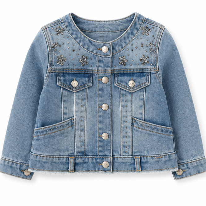 Mayoral - Little Girls Denim Jacket with Floral Stud Design