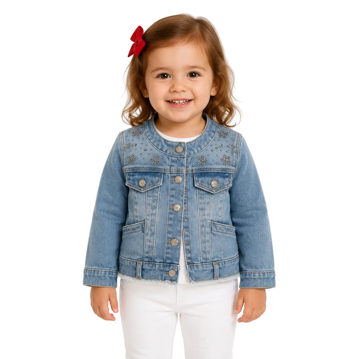 Mayoral - Little Girls Denim Jacket with Floral Stud Design