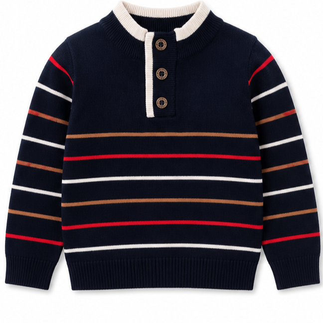 Mayoral - Little Boys Solid Navy Blue Stripes Brown/Red/White Long Sleeves Knit Jacket