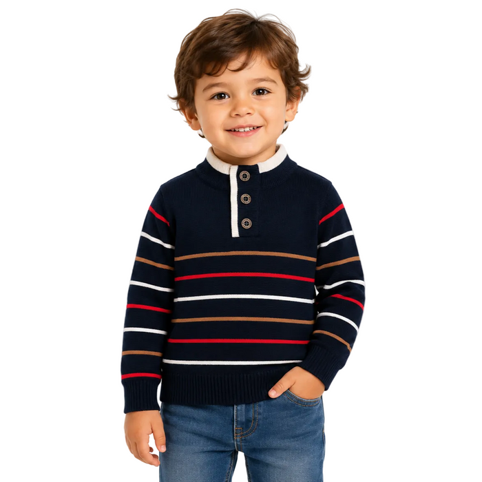 Mayoral - Little Boys Solid Navy Blue Stripes Brown/Red/White Long Sleeves Knit Jacket
