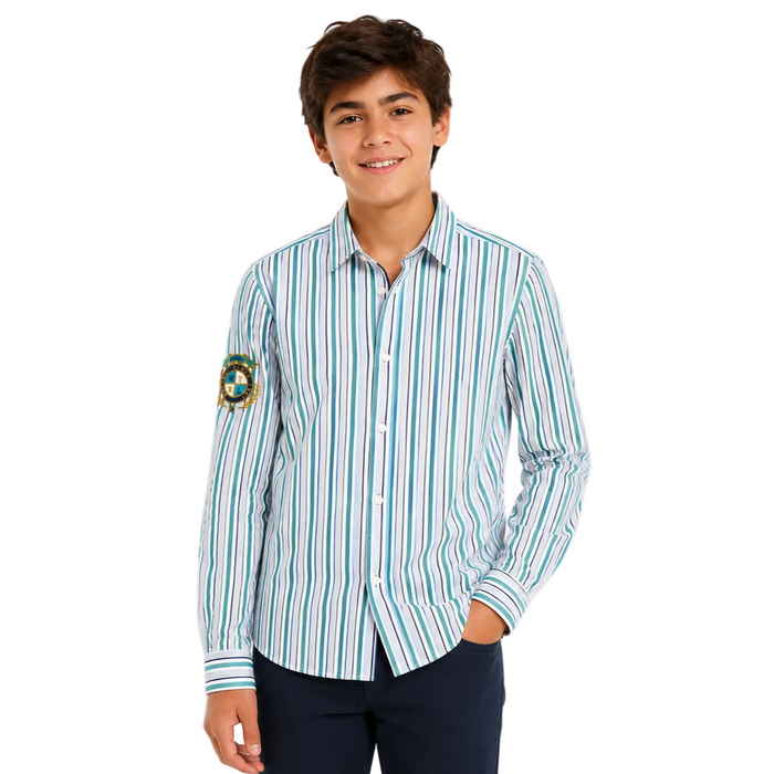 Mayoral - Big Boys Blue/Green/White Striped Button down Long Sleeve Polo