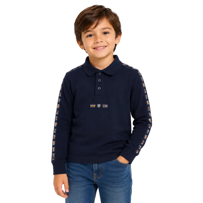 Mayoral - Little Boys Long Sleeve Polo Shirt Navy Blue With Logo Design