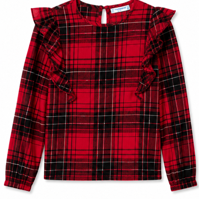 Mayoral - Big Girls Gingham Long Sleeve Ruffled Top Black/Red