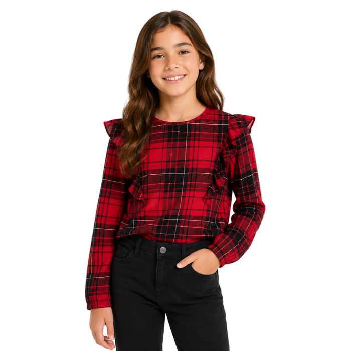 Mayoral - Big Girls Gingham Long Sleeve Ruffled Top Black/Red