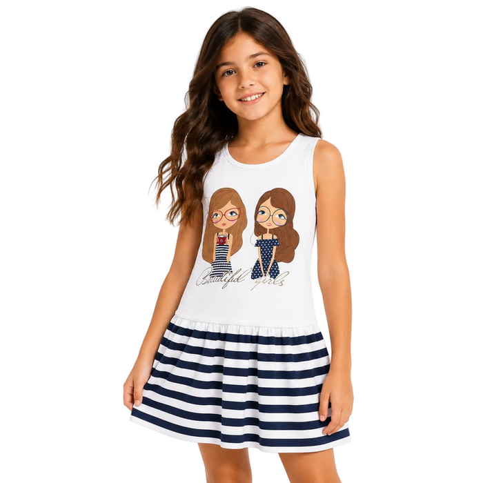 Mayoral - Big Girls Sleeveless Dress with Stripped Skirt Blue/white Beautiful Girls Design