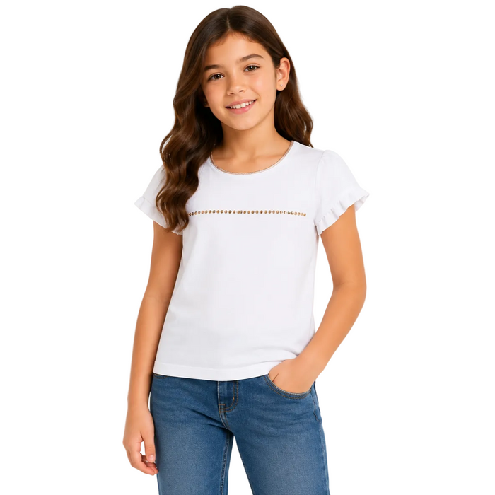Mayoral - Big Girls Short Sleeve Glittered Crew Neck with Stud Design White