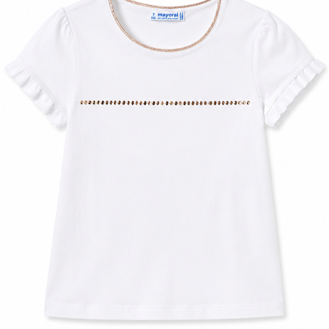 Mayoral - Big Girls Short Sleeve Glittered Crew Neck with Stud Design White