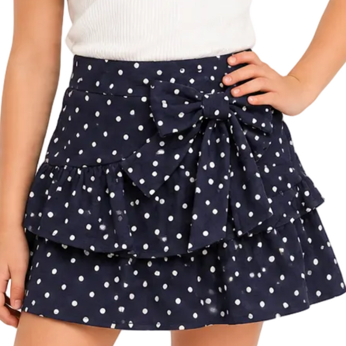 Mayoral - Ruffled Navy Blue Skirt with White Polka Dots