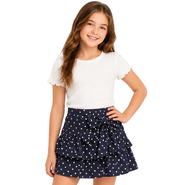 Mayoral - Ruffled Navy Blue Skirt with White Polka Dots