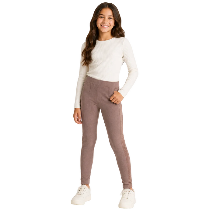 Mayoral - Big Girls Ribbed Leggings with Suede on the side Design Choco