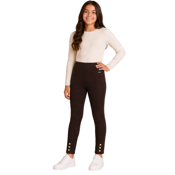 Mayoral - Big Girls Choco Brown Ribbed Leggings with Buttons Design