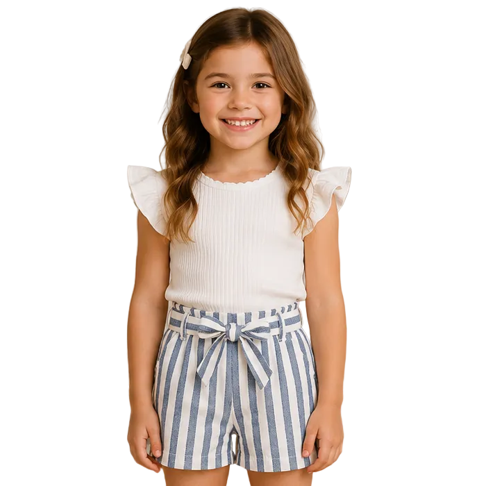 Mayoral - Little Girls White and Blue Stripe Short with Belt