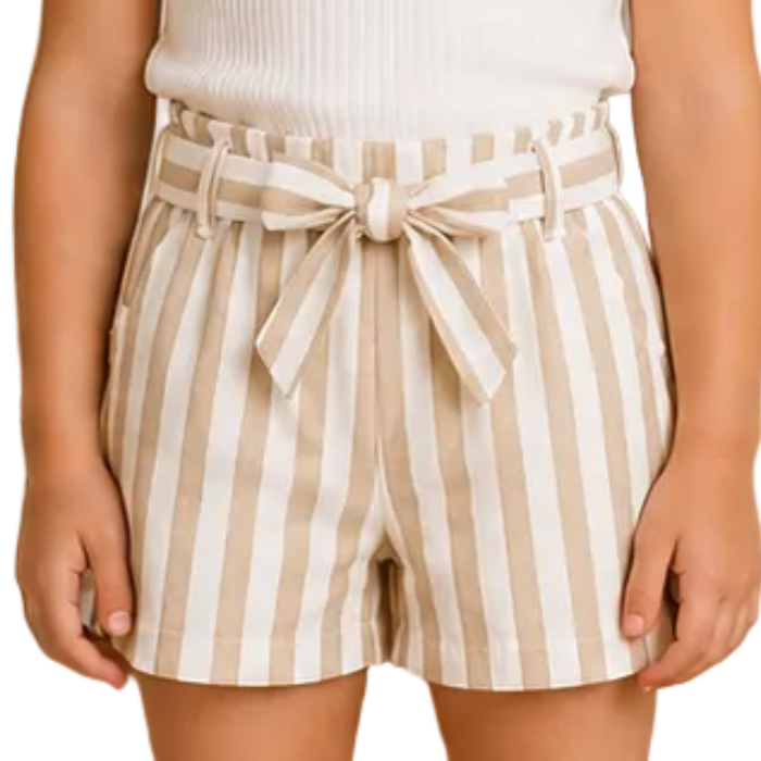Mayoral - Little Girls Stiped Shorts with Bow Belt White/Beige