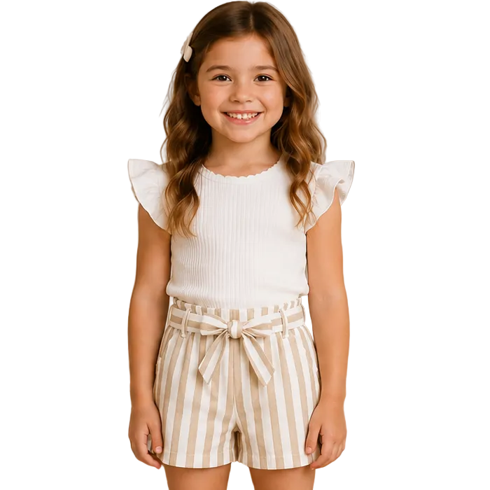Mayoral - Little Girls Stiped Shorts with Bow Belt White/Beige
