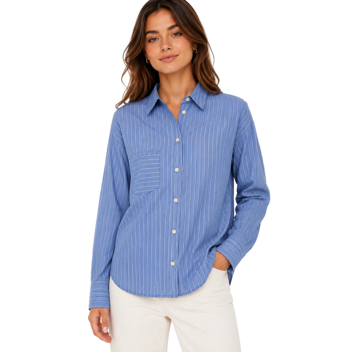 Only - Blue Pinstripe Relaxed Button-Up Shirt (XS)
