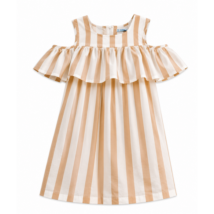 Mayoral - Big Girls Sleeveless Ruffled Striped White and Champagne Dress