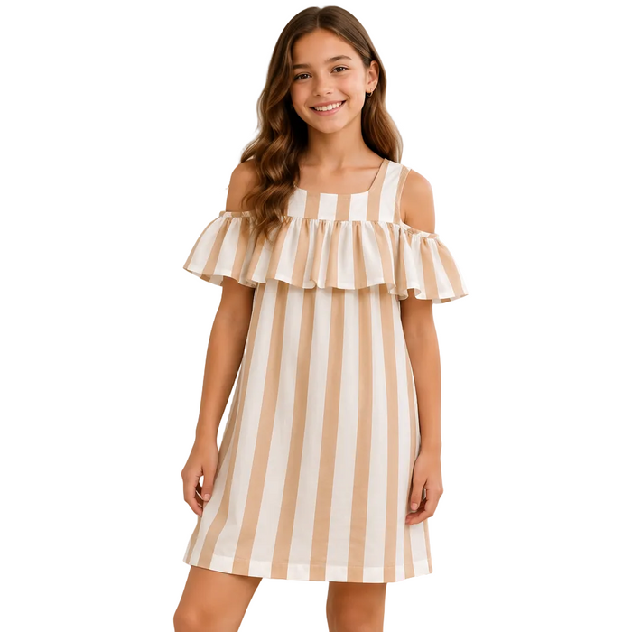 Mayoral - Big Girls Sleeveless Ruffled Striped White and Champagne Dress