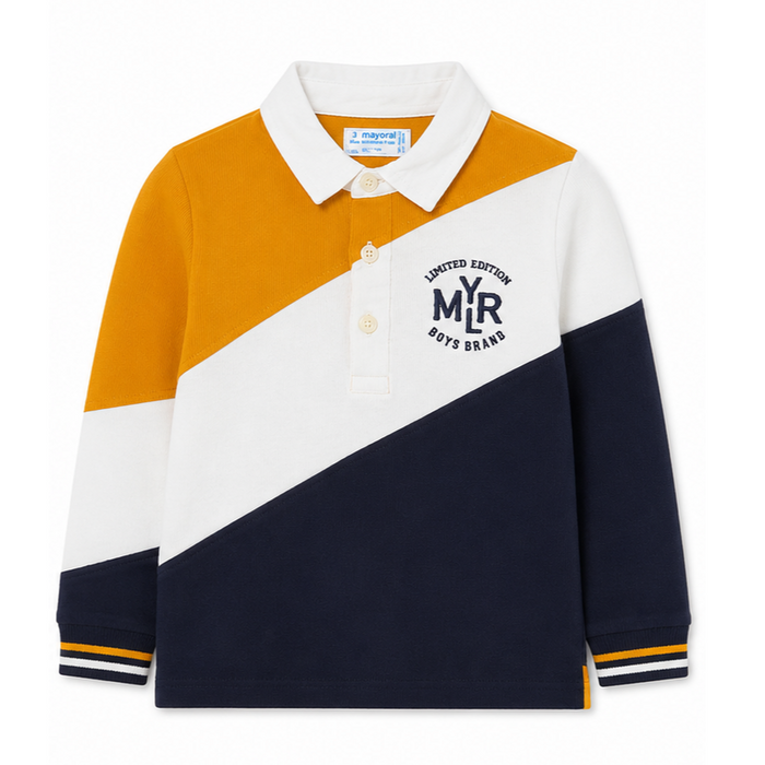 Mayoral - Little Boys Long Sleeve Polo Shirt Mustard/White/Navy