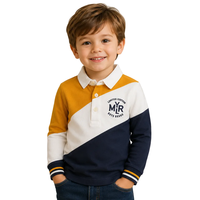 Mayoral - Little Boys Long Sleeve Polo Shirt Mustard/White/Navy
