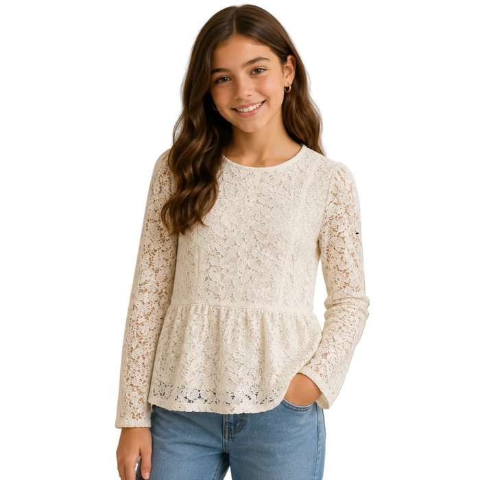 Mayoral - Big Girls Cream Lace Top Floral Long Sleeve Blouse