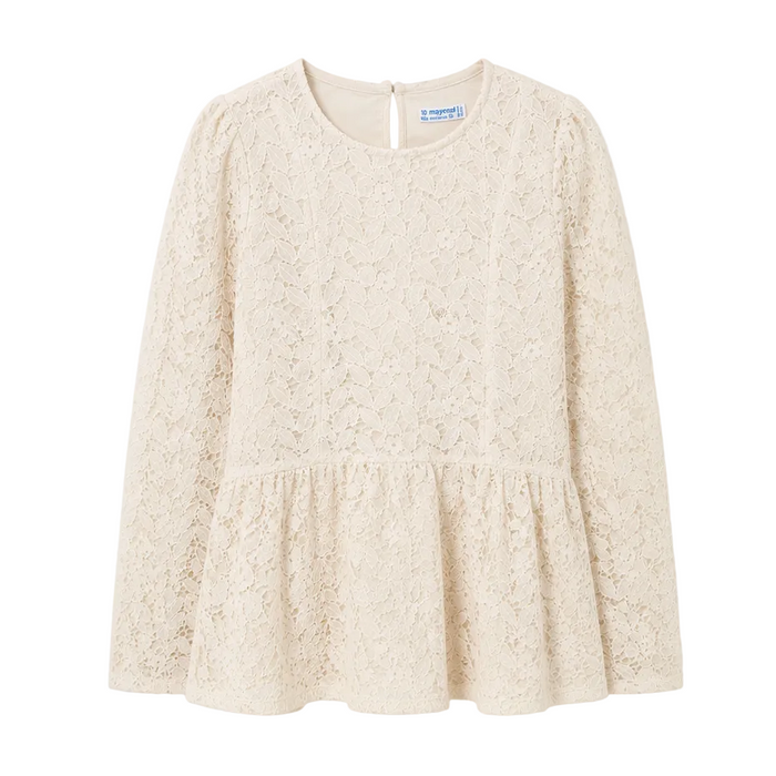 Mayoral - Big Girls Cream Lace Top Floral Long Sleeve Blouse