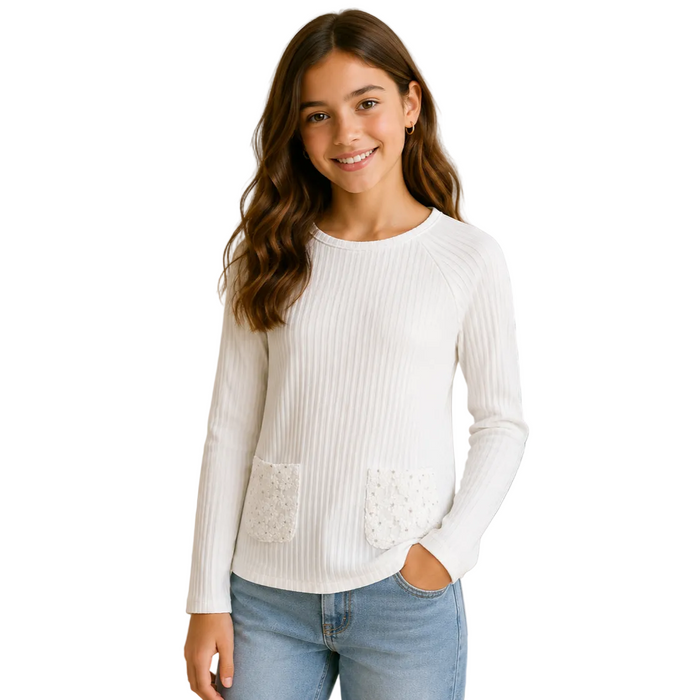 Mayoral - Big Girls White Long Sleeves Ribbed Top with Floral Lace Pockets