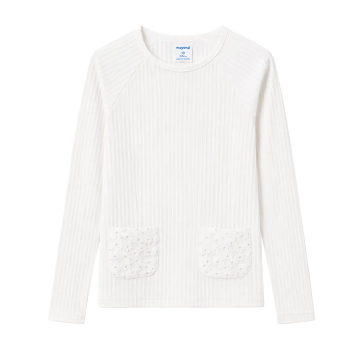 Mayoral - Big Girls White Long Sleeves Ribbed Top with Floral Lace Pockets
