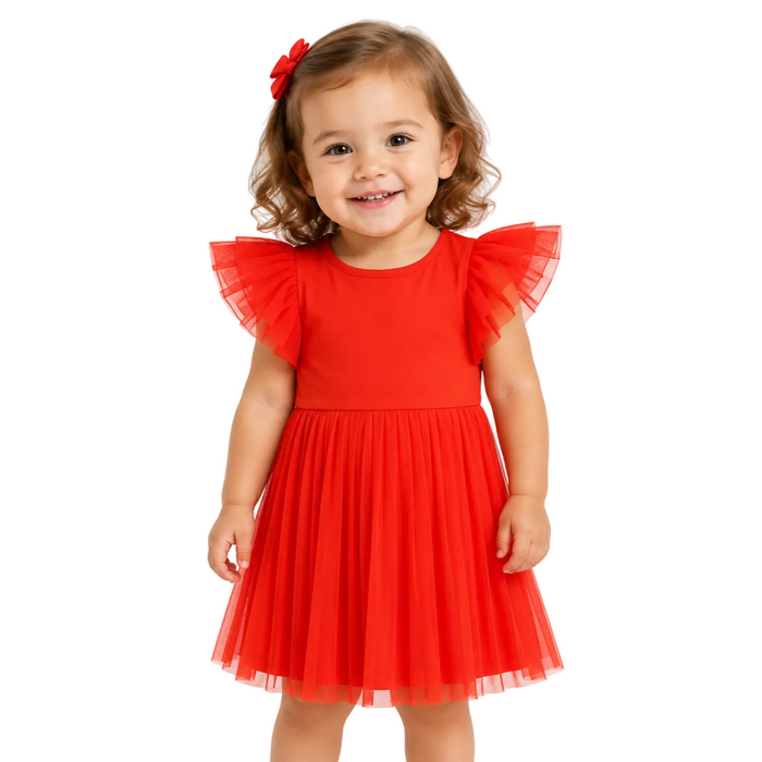 Mayoral - Little Girls Red Orange Pleated Frill Trim Sleeve Dress