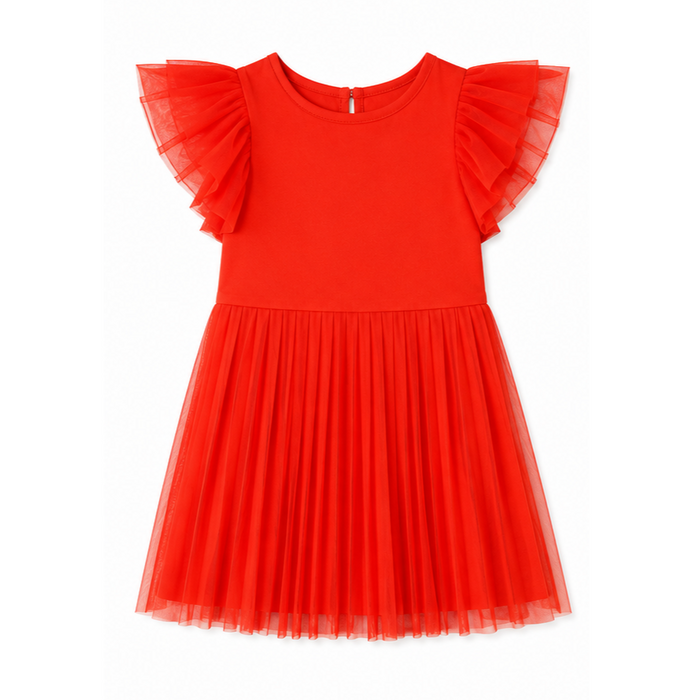Mayoral - Little Girls Red Orange Pleated Frill Trim Sleeve Dress
