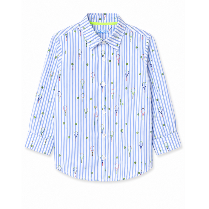 Mayoral - Little Boys Long Sleeve Button Drown Polo Striped White/Blue