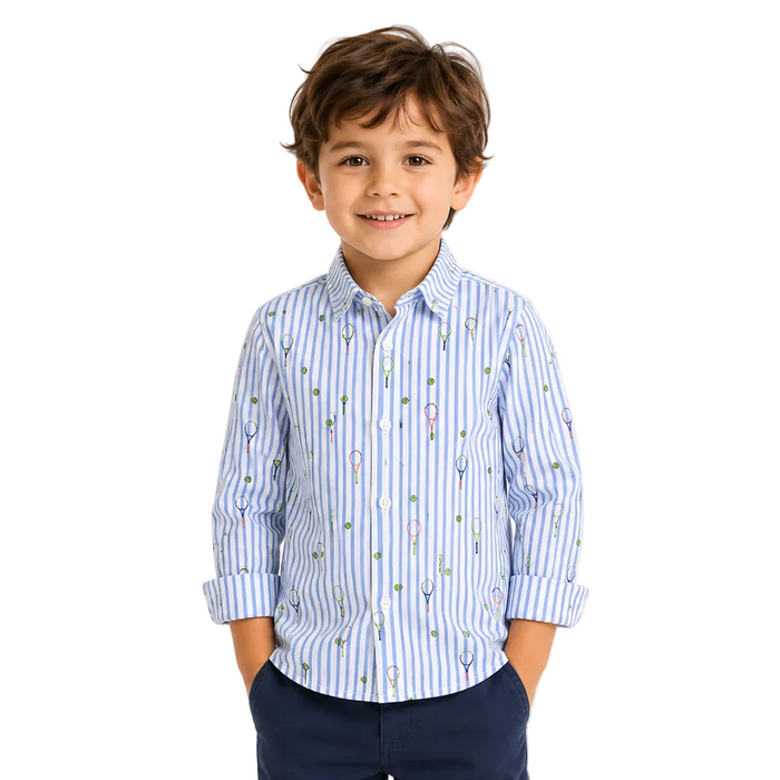 Mayoral - Little Boys Long Sleeve Button Drown Polo Striped White/Blue
