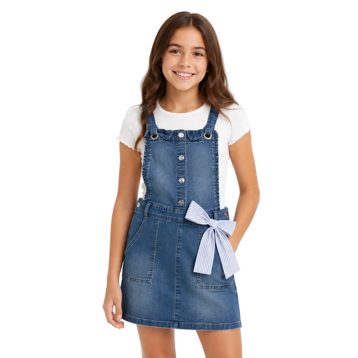 Mayoral - Big Girls Denim Jumper Skirt With Ribbon Design