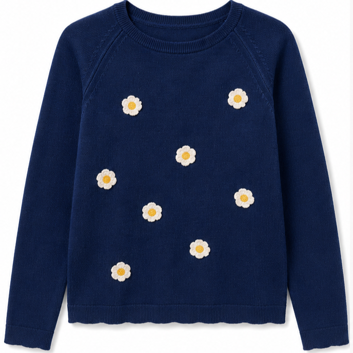 Mayoral - Little Girls Navy Blue Knitted Sweater with White Floral Design