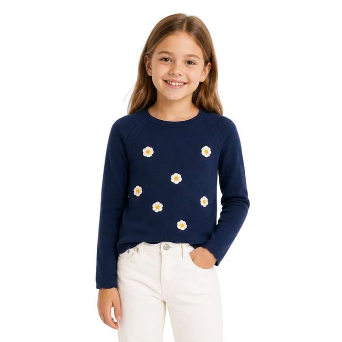 Mayoral - Little Girls Navy Blue Knitted Sweater with White Floral Design