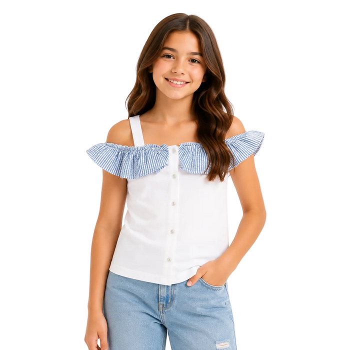 Mayoral - Big Girls Ruffled Sleeveless Top White/Blue