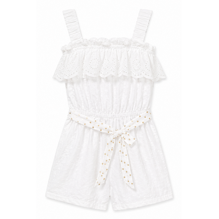 Mayoral - Little Girls White Ruffle Sleeveless Romper with Ribbon Belt