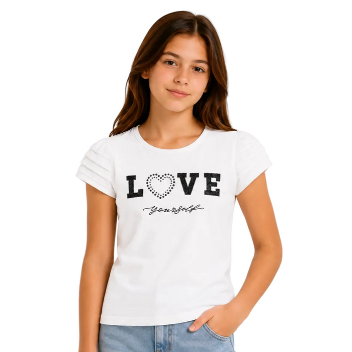 Mayoral - Big Girls Short Sleeve White Top Love Yourself Design