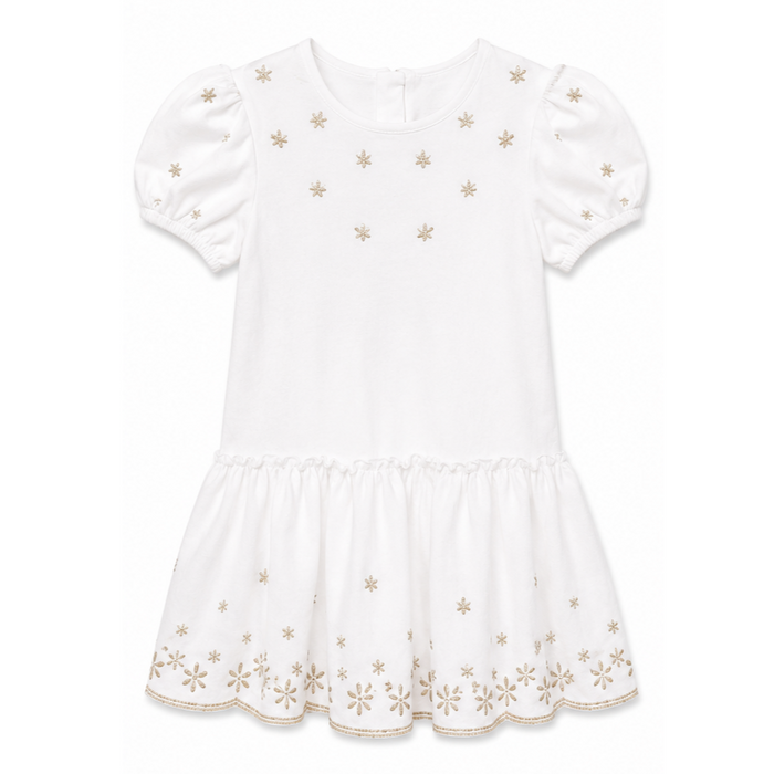 Mayoral - Little Girls White Short Sleeve Dress with Embroidered Gold Star and Flower