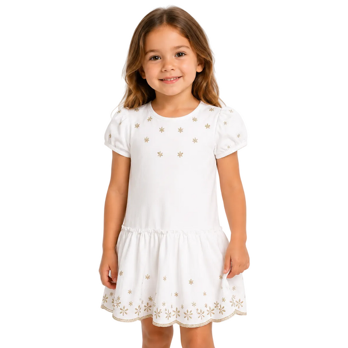Mayoral - Little Girls White Short Sleeve Dress with Embroidered Gold Star and Flower
