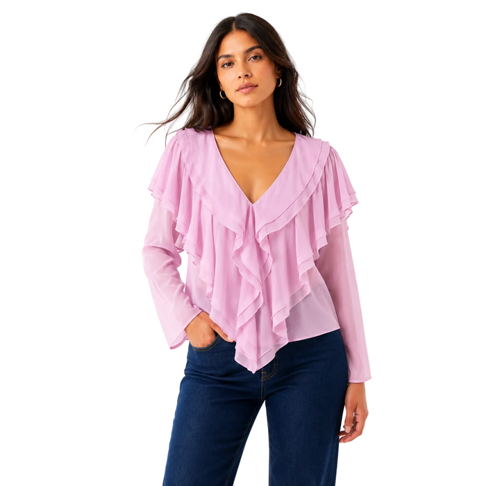 V by Very -  Purple Neck Romantic Ruffle Blouse (Small)