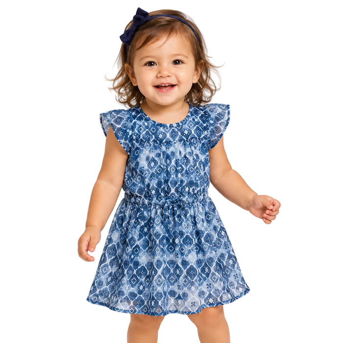 Mayoral - Little Girls Blue Chiffon Dress with Geometric Pattern Design