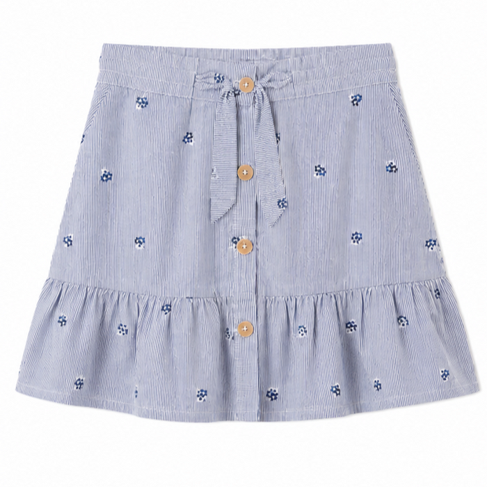 Mayoral - Big Girls Blue and White Striped Ruffled Skirt