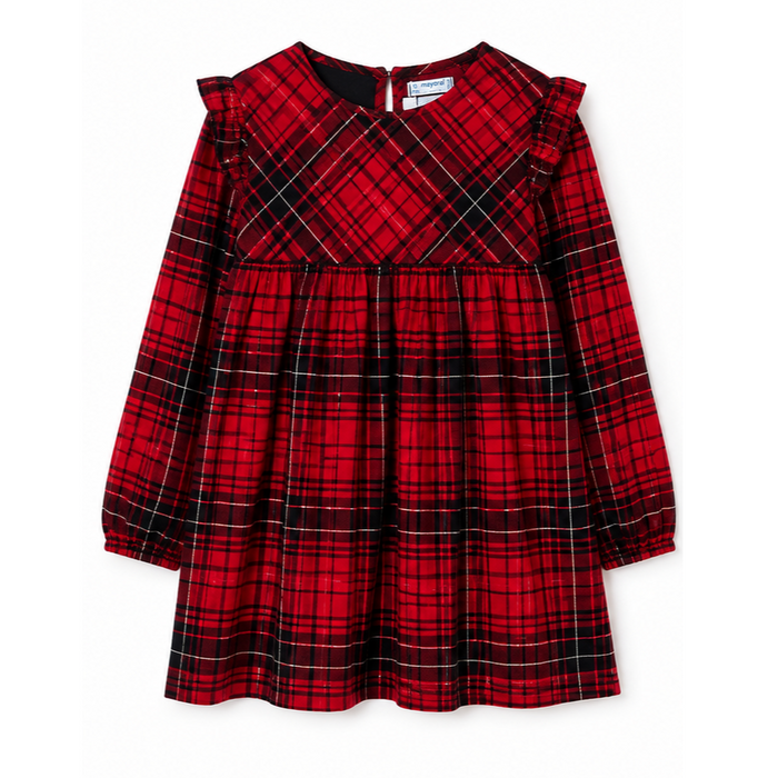 Mayoral - Big Girls Red Plaid Ruffled Shoulder Dress Black/Red Pattern