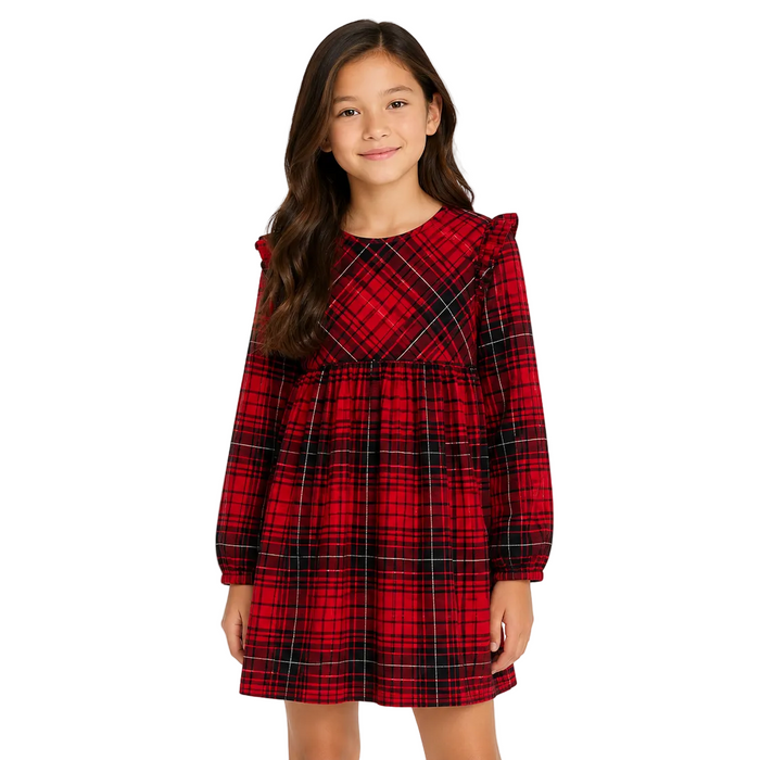 Mayoral - Big Girls Red Plaid Ruffled Shoulder Dress Black/Red Pattern