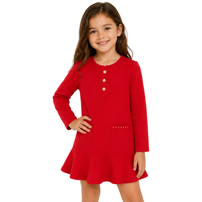 Mayoral - Little Girls Red Long Sleeve Dress with Two Front Pocket