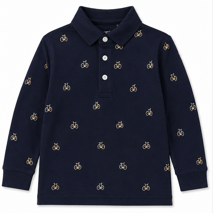 Mayoral - Little Boys Long Sleeve Polo Shirt Bicycle Print Navy Blue