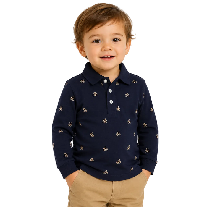Mayoral - Little Boys Long Sleeve Polo Shirt Bicycle Print Navy Blue
