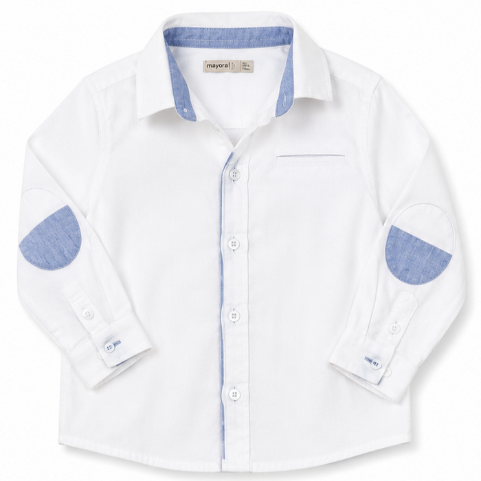 Mayoral - Little Boys Button Down Long Sleeve Polo White with Elbow Patch