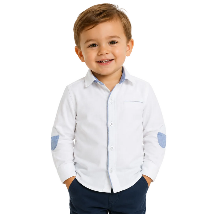Mayoral - Little Boys Button Down Long Sleeve Polo White with Elbow Patch
