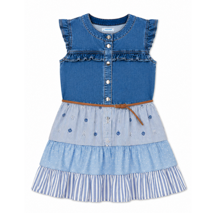 Mayoral - Big Girls Denim Sleeveless Dress Blue and White Stripes Skirt With Belt